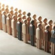 © Cliff - A diverse line of multi-ethnic handcrafted wooden peg dolls representing staff diversity, unity, inclusion, and social equality in human resources management against a blurred background
