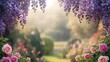 © irenka - Purple Wisteria and Pink Roses Garden Frame. Regency Era Botanical Background with Soft Sunlight and Blooming Flowers