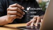 © MstTasmiya - Customer service satisfaction survey, Excellent Customer Service Evaluation, Businessman hand putting check mark a checkbox on excellent for a satisfaction survey.
