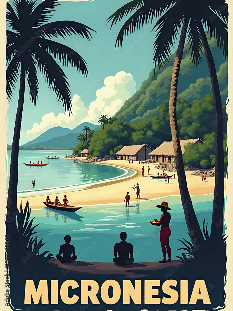 People relax and engage in various activities on a tropical beach in Micronesia. Boats are near the shore, and others enjoy the water. Lush trees line the beach, creating a natural setting.