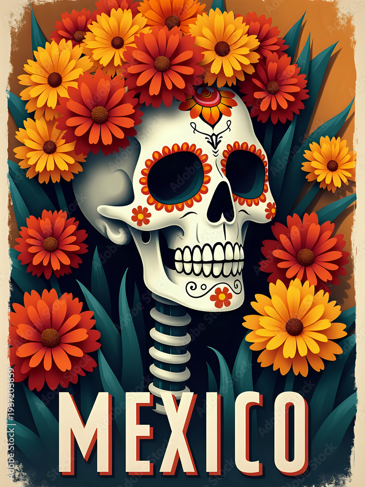 A skull with decorated designs is surrounded by orange and yellow flowers. The scene highlights Mexican culture and traditions. This represents a celebration of life and remembrance.