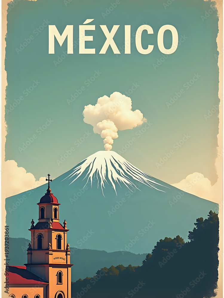 A volcano is erupting smoke into the sky above the trees and a church standing in the foreground. The scene captures nature and a historic structure in Mexico.