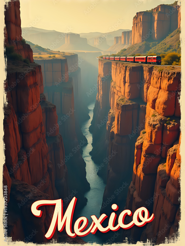 A train moves along a winding track on a high cliff. Below, a river flows through a narrow canyon. The sun casts light on the rocks as day ends in Mexico.