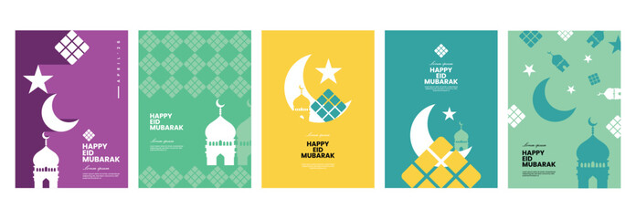  Eid Mubarak backgrounds. Set of flat, Islamic vector illustrations. Celebration Eid Mubarak. Elements and objects on islamic themes, simple background for poster