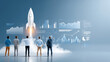 © Nati - Diverse young founders planning startup strategy, floating graphs and tech interfaces, luminous rocket rising upward, concept of innovation, growth and future business