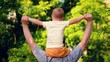 © Victoriia - Father plays with his little son outside. Daddy little son walk together. Dad carries boy on shoulders through green summer park. Happy, family plays together fun outdoors. Kid dad park, superhero
