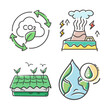 © Mirza - Carbon neutral and environmental icons: CO2 cycle, volcano, green roof, and earth with water drop.