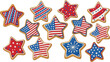 © Aneela - Several star shaped cookies decorated with red, white, and blue patriotic icing patterns are displayed against a white background.