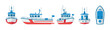 © David - Collection of fishing boat illustrations showing multiple views including front, side, back, and top-down perspectives in a clean and simple flat vector art style