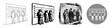 © David - Set of four police lineup illustrations in various artistic styles including minimalist line art, vintage engraving, graphic silhouette, and a halftone dot pattern icon for crime concepts