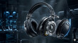 © Sophy - 3D visualization of futuristic headphones exploded view, technical internal components and carbon fiber casing with blue neon lighting