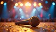 © miss irine - Microphone lies on golden confetti. Stage lights create bokeh effect on blurred concert crowd background. Music event or competition atmosphere.