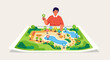 © YLing - Man plans a vibrant park layout with interactive map elements and diverse icons, showcasing design and strategy