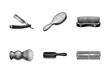 © PixeloAI - Vintage barber shop grooming kit illustrations featuring straight razor shaving brush combs and wooden hairbrushes in a classic woodcut engraving style