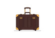 © Jonmart - Brown rolling travel case with gold accents and pull handle for journeys and expeditions on white background