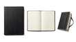 © Ly - three black notebooks arranged on a transparent background, with one open to blank pages.