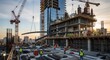 © Tassawar - A bustling construction site with workers and cranes building a modern skyscraper in an urban environment
