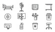 © GoDesigner - Hospital room furniture and patient care equipment line icons for clinical medical facility interior