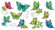 © HO - A vibrant and colorful illustration of a diverse group of butterflies, each with unique patterns and colors, fluttering around a central flower in a lush garden setting.