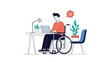 © MD - Determined professional man in a wheelchair focused on his laptop while working at a modern office desk with a lamp and plants.