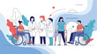 © MD - Diverse group of doctors and nurses providing care and support to patients with physical disabilities in a modern hospital setting.