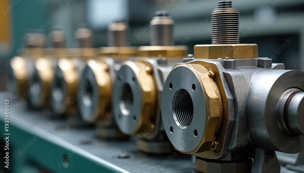 Metal industrial machine parts arranged in row on factory table ...