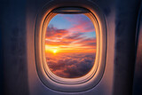 A close-up view of an airplane window showing a stunning sunset with hues of orange, pink, and blue outside, contrasting with the blue interior of the plane