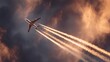 © CHI - jetliner. A jetliner ascending through a cloudy sky, leaving vapor trails under a sunset-lit atmosphere. inspiring travel planning, mobility guides, designed for mobility and urban transit guides.