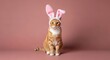 © Shahinur - Adorable orange cat wearing pink bunny ears on mauve background