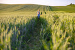 © sofiko14 - A mother and her child walk through a lush green wheat field under a clear sky, enjoying a peaceful moment together