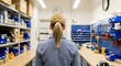© MdNazim - Woman in checkered shirt standing in organized workshop with blue storage bins