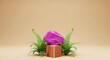 © MBAK NAH - Abstract 3D rendering of a vibrant purple rock and green plants with a golden cube.