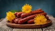 © Iacopo - delicious kabanos sausages decorated with bright yellow flowers on a wooden plate a vibrant