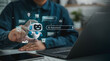 © Sansert - AI agent and assistant is using a laptop with cutting-edge software for visualization and content management to achieve goals, employing AI to search and gather information, analyze it.