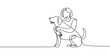 © Creative Tania - Continuous line drawing of woman happy pet lover with dog. Young female enjoy playing with her cute dog linear sketch isolated on white background. Friendship about human and pet animal concept