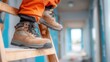© NovaVision - Construction worker wearing safety boots and orange pants climbing a wooden ladder