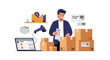 © Nan Langit - Illustration of a man scanning a package with a barcode scanner surrounded by boxes and shipping supplies on a plain white background.