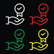 © Bushra - Quality guarantee, certification trust, approval minimal outline icon. Line sign hand holding award badge with check mark. Vector isolated pictograms for web app on white background editable stroke.