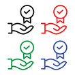 © Bushra - Quality guarantee, certification trust, approval minimal outline icon. Line sign hand holding award badge with check mark. Vector isolated pictograms for web app on white background editable stroke.