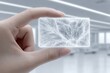 © whitestorm - Hand holding a futuristic card with glowing neural network, representing high tech, artificial intelligence and advanced technology, against a blurred office background.