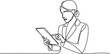 © Hossen - Continuous one line drawing of a businesswoman looking at the tablet computer. Hand drawn style line drawing for technology and business model and concep. Editable stroke