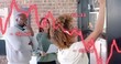 © vectorfusionart - Writing curly woman holding marker on glass board at office, in light top showing red graph
