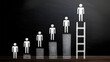 © estrel - highlighted leader figure on top of a rising career ladder made of human icons and stacked bars on a chalkboard background symbolizing career growth promotion leade