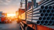 © NovaVision - Stack of gray pipes loaded onto a truck at sunset with warm light