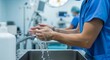 © Gakpo - Surgeon meticulously washing hands in operating room sink before surgery.