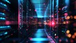 © Harry - A futuristic server room with vibrant blue and pink lights illuminating rows of computer equipment