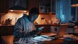 © bangsol - Young man working late at night on his smartphone and laptop in a dimly lit kitchen.