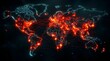© Sameer - Digital visualization of a glowing red global network map indicating worldwide interconnected data exchange and distribution points.