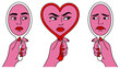 © John - Three stylized female hands hold mirrors reflecting faces displaying different emotions neutral angry and sad reflection sadness anger expression feeling human abstract art