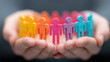 © Bashir - Business concept with hands protecting vibrant human icons in circle formation, representing buisness growth stratgy, inclusion, HR development, modern office blur, 8k
